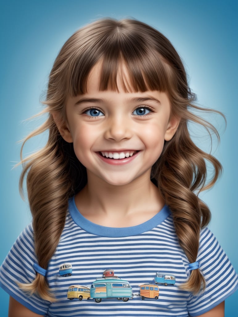 photo happy little girl going to travel, cute girl, Striped T-shirt, blue background, harpers bizarre, cover, headshot, hyper realistic