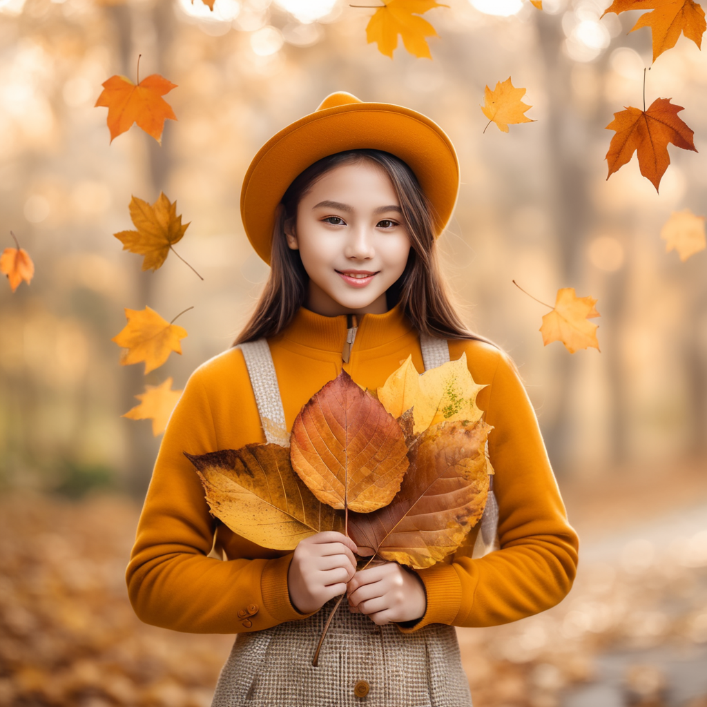 A girl holding autumn leaves and also leaves are falls in background