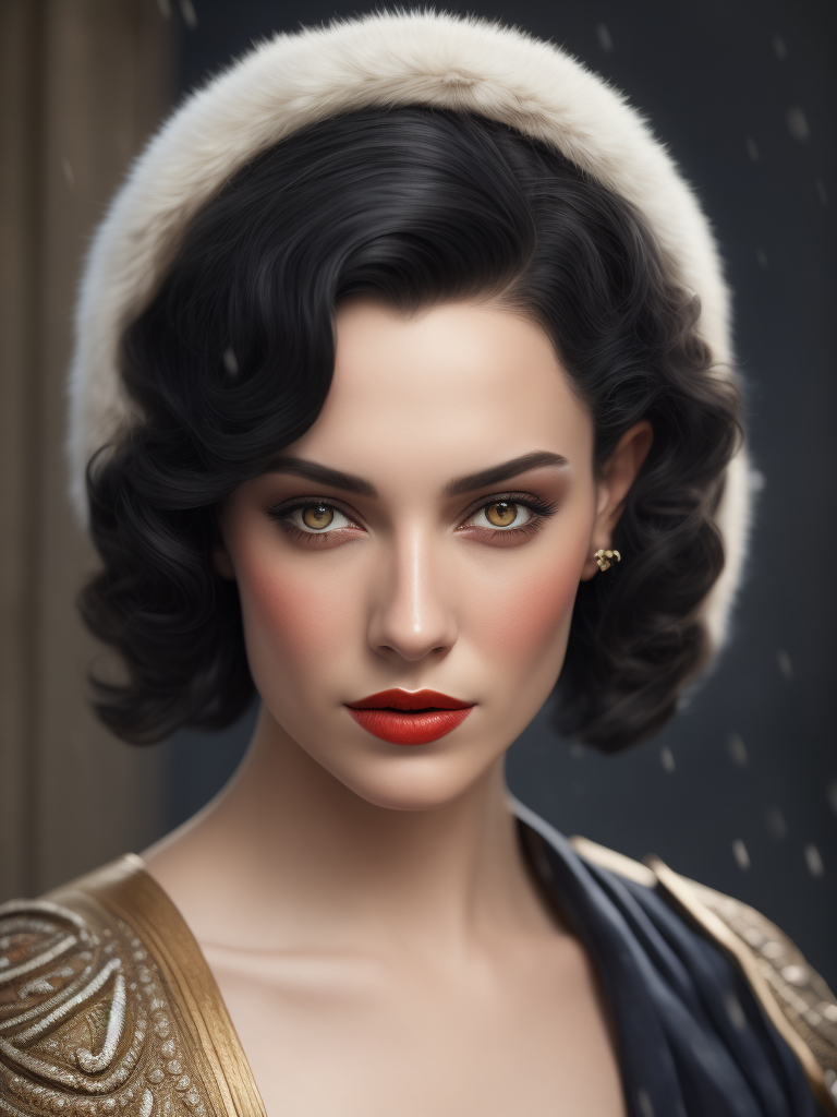 Beautiful young woman, princess, very pale, curly black hair and dark eyes, Snow White, 1930s style.