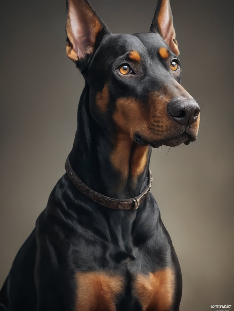 intimidating Doberman dog sitting on hind legs and looking directly at the camera