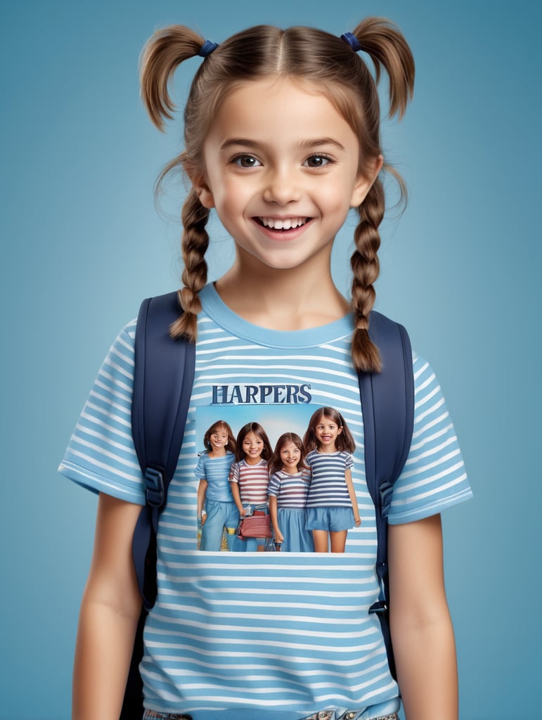 photo happy little girl going to travel, cute girl, Striped T-shirt, blue background, harpers bizarre, cover, headshot, hyper realistic