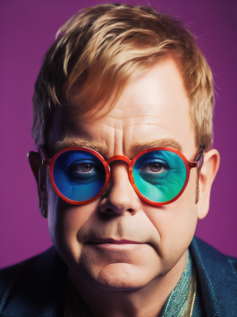 Portrait of Elton John with star-shaped glasses, Against a bright gradient, Vivid saturated colors, Contrast color