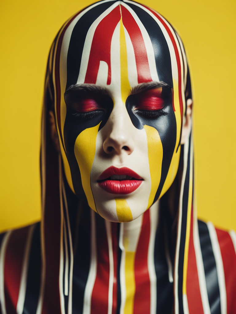 Portrait of a girl with a painted face and paint flowing from her face, closed eyes, yellow background