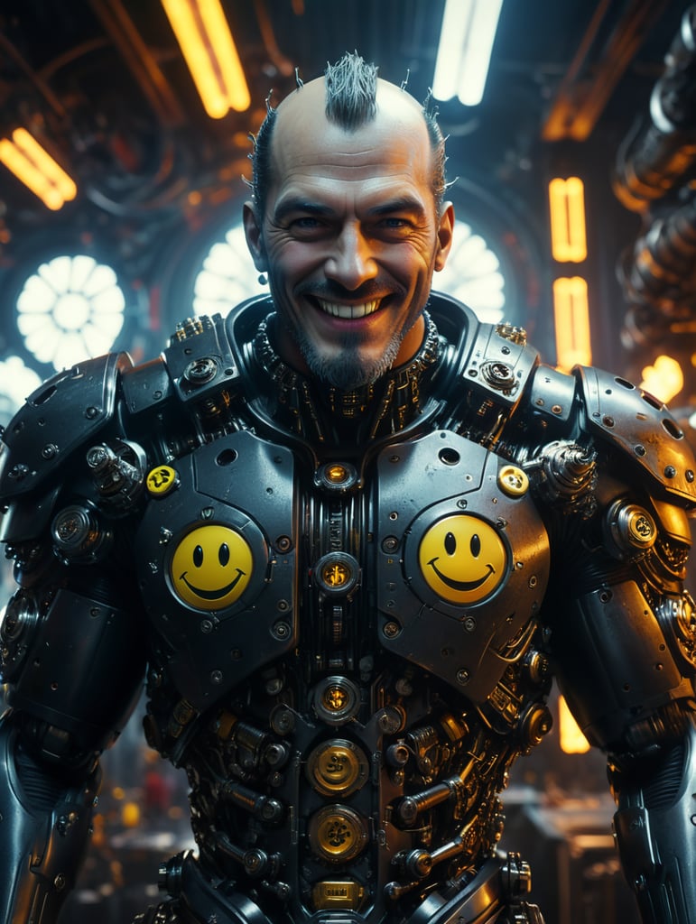 Cinematic lighting, 4K, ultra villain man, smiley, cyber punk city,man standing in the mechanical room in cinematic mode, professional high-quality system in the background, --ar 9:16