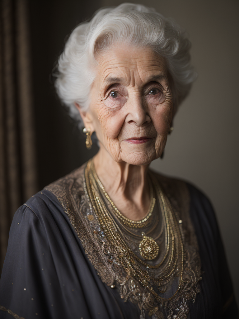 Portrait of 100 years old lady, proud look, dressed in a very ornate dress which is mix of baroque and ethnic dress, full of details, ethnic jewellry, highly detailed, sharp focus, Dramatic Lighting, Depth of field, Incredibly high detailed, blurred background
