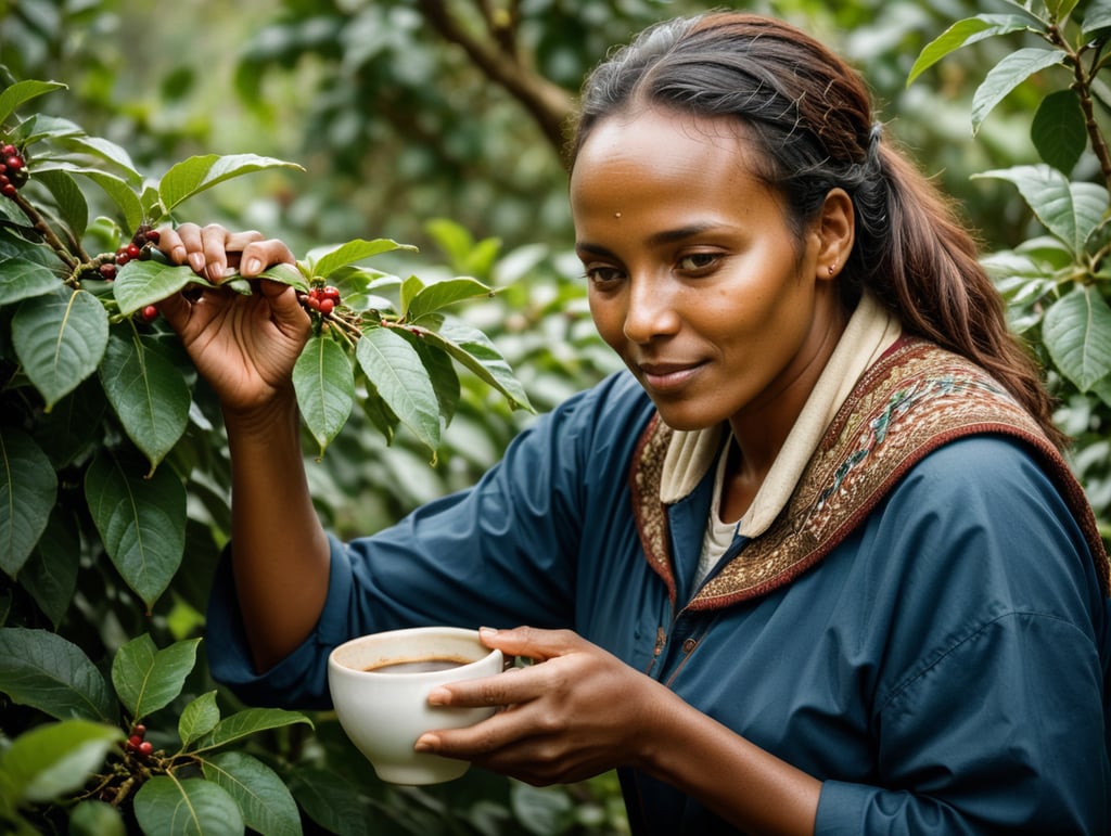 Create a typical ethiopian woman picking coffee from a coffee bush
