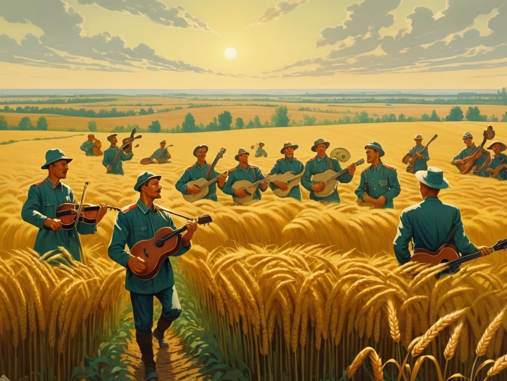 drawing of soviet landscape, large what fields filled with musicians instead of farmers in propaganda style