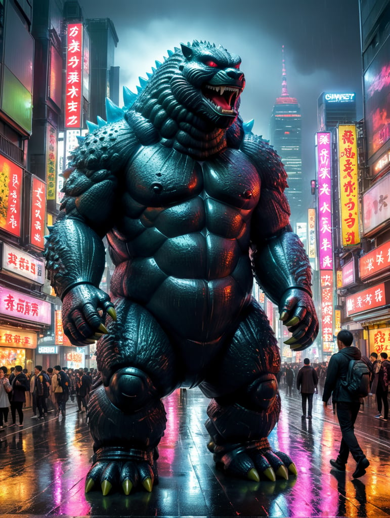 A giant Japanese gummy bear godzilla, translucent, 4 stories tall, walking through Tokyo at night, neon rainy city, cyberpunk, techno city