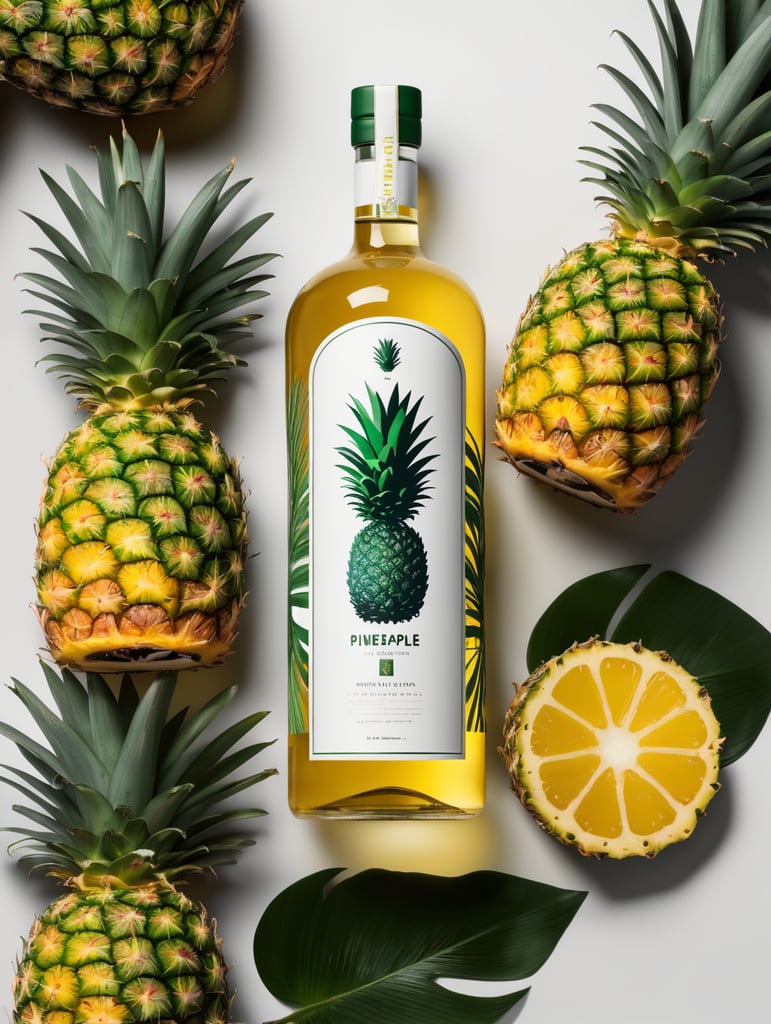 Packaging and branding for a pineapple vodka brand as if it had been designed by HI ESTUDIO with In a set design with pineapple, pineapple leaves.