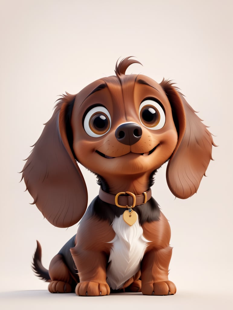 A dark brown dachshund with big brown eyes, floppy ears, and white chest, in the style of a Pixar movie character