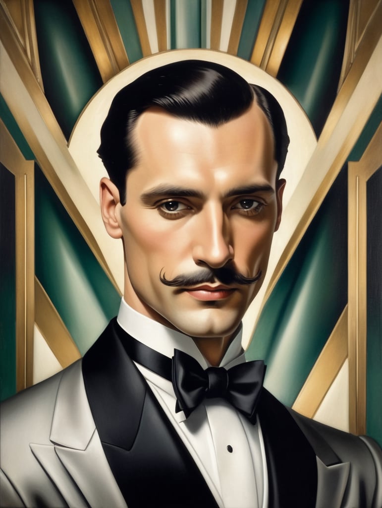a painting of a man wearing a tuxedo in the art deco style of tamara de lempicka