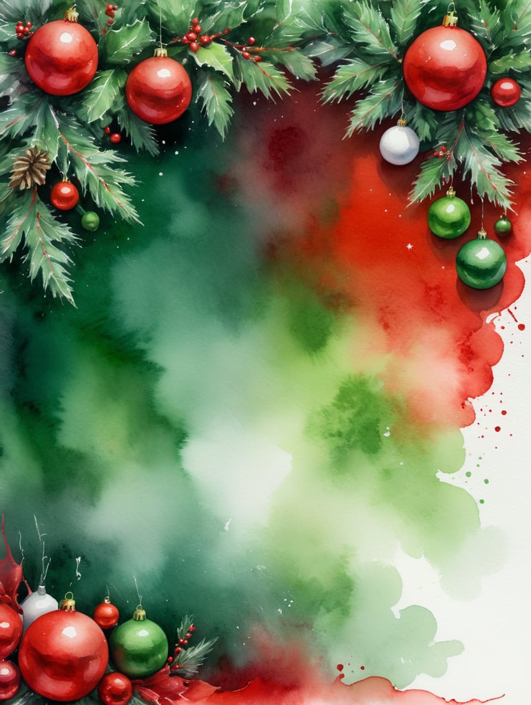 watercolor red and green christmas background with lots of white space and white backdrop