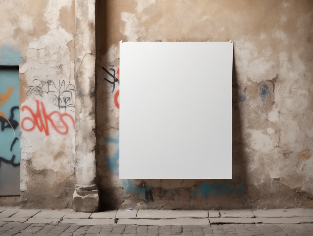 a white blank poster hangs on an old shabby wall with graffiti, the corner of the poster is bent, people are blurred, daylight, mockup, mock up