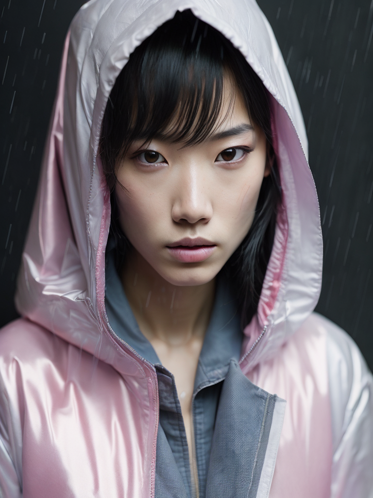 Portrait of Kaori from akira wearing transparent raincoat, rainy neo tokyo photoshoot, cyberpunk, Vivid saturated colors, Contrast light, studio photo, professional photo, Detailed image, detailed face