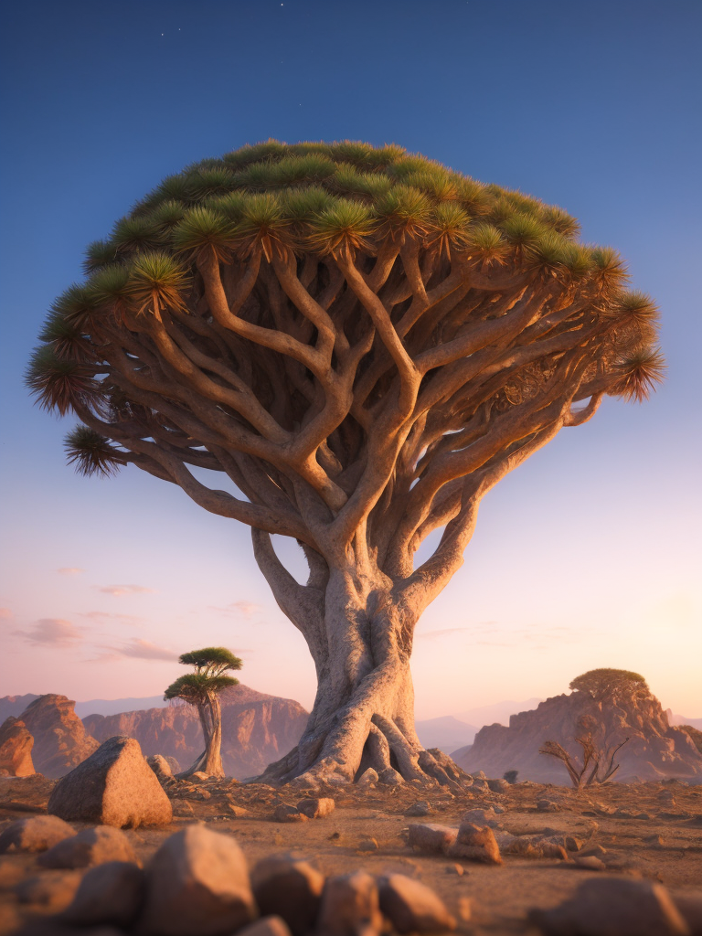 Dragon blood tree, savanna, sunset, Depth of field, Incredibly high detailed, stones, rocks, mountains on the horizon