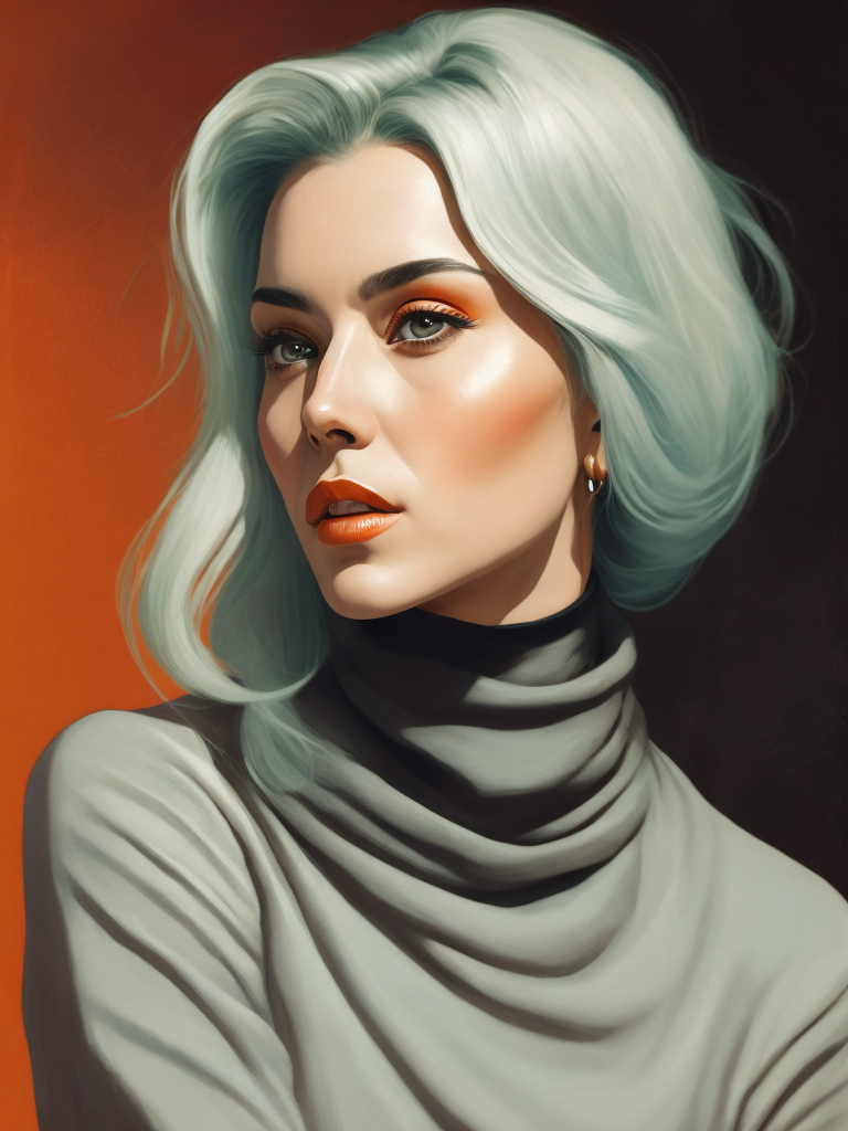 Colorful graphic illustration, pop art, late 50s caucasian woman in a turtleneck with shoulder length gray hair.