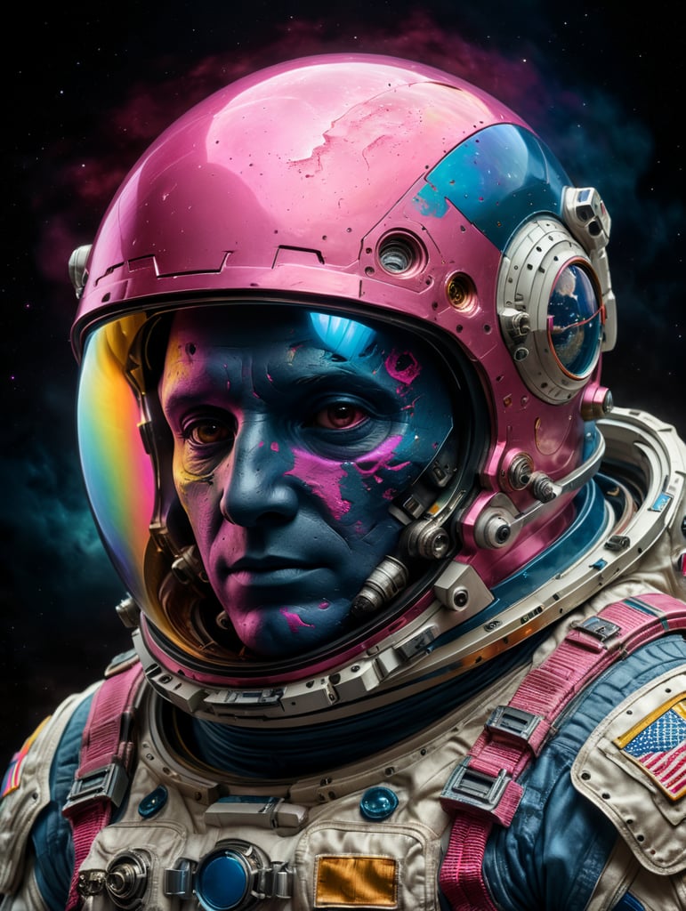 movie still, photo of an astronaut with no face, Rainbow asteroid, light indigo, neon pink and dark beige, muted tones