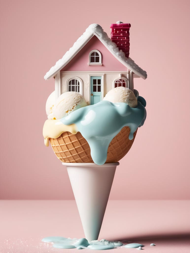 icecream scoop in the shape of a house. more ice cream melting