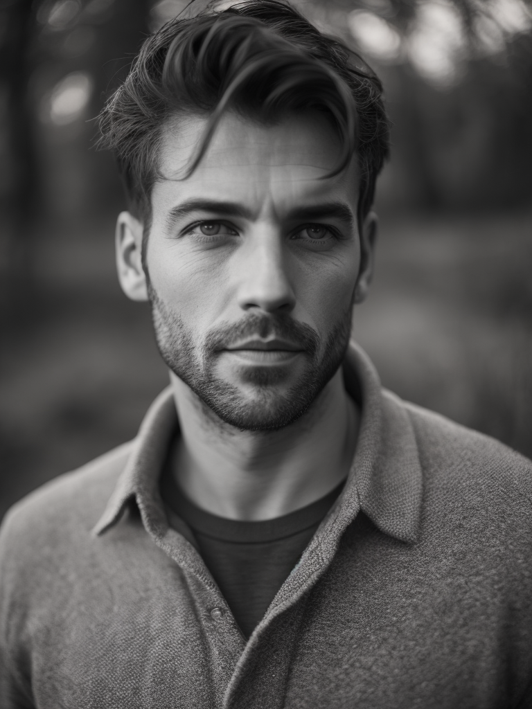 A realistic photo of a 40-year-old man is featured on the homepage., the man has a rugged and weathered look, with a few wrinkles and lines on his face that tell the story of his life experiences., his eyes show a depth of knowledge and understanding, with a sense of calm and confidence., the photo captures him in a natural setting, with a background that complements his personality., black and white photography, color photography, portrait, candid shot, environmental portrait, natural lighting, high contrast
