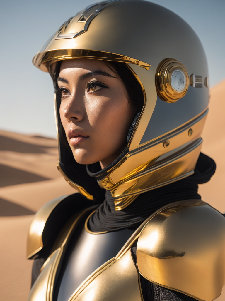 Cyber girl wearing gold chrome helmet, shining reflections, walking in the desert, photorealistic, hyper-detailed, dune atmosphere