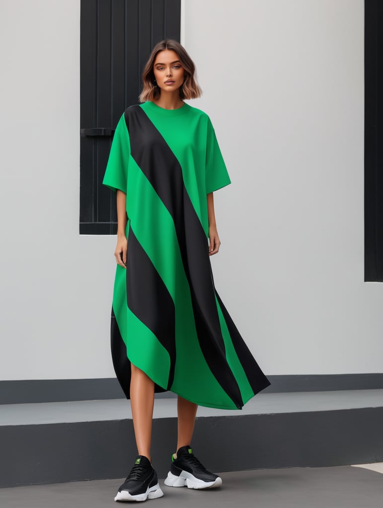 Minimalist dress with an oversized cut in black with subtle details in vibrant colors inspired by the work of Luis Barragan placed on a beautiful lady with green eyes with Streetwear black sneakers