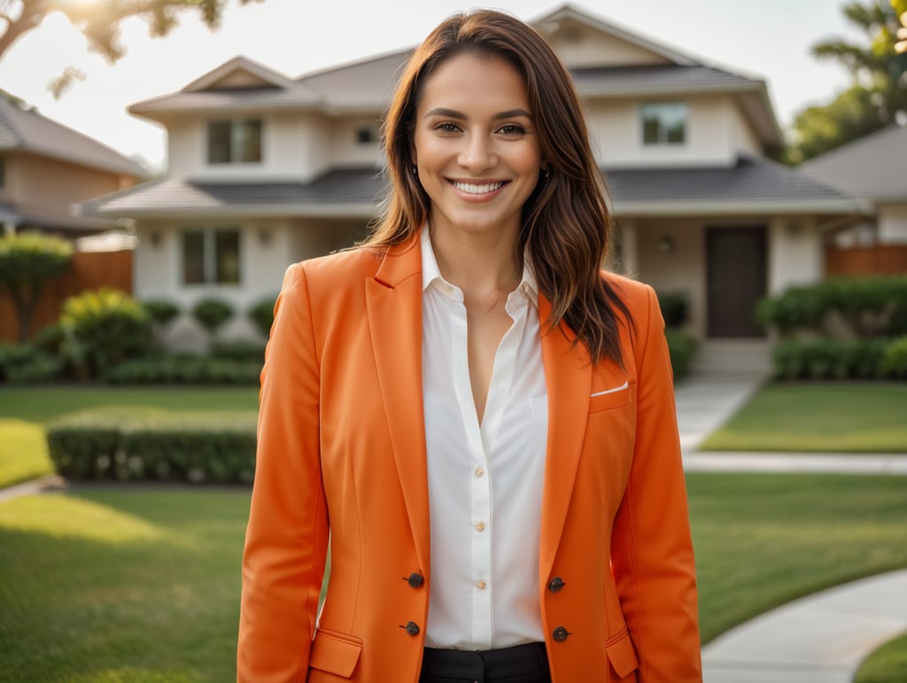woman, bright orange blazer, white shirt, smiling, standing in front of house, suburbs