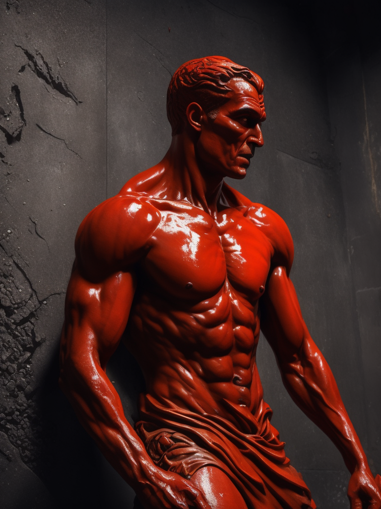 Red plastic statue of a man melting into the concrete concrete room dark and moody