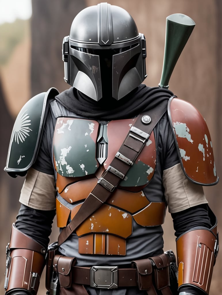 Mandalorian armor with heavy shoulder pads and a custom helmet, a bandolier, sword on back. black helmet visor and using a mismatched color scheme