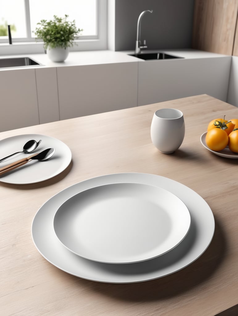 modern kitchen table, empty plate, mockup