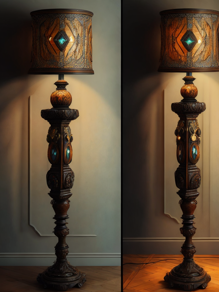 wooden floor lamp, carved black wood, decorated with gems