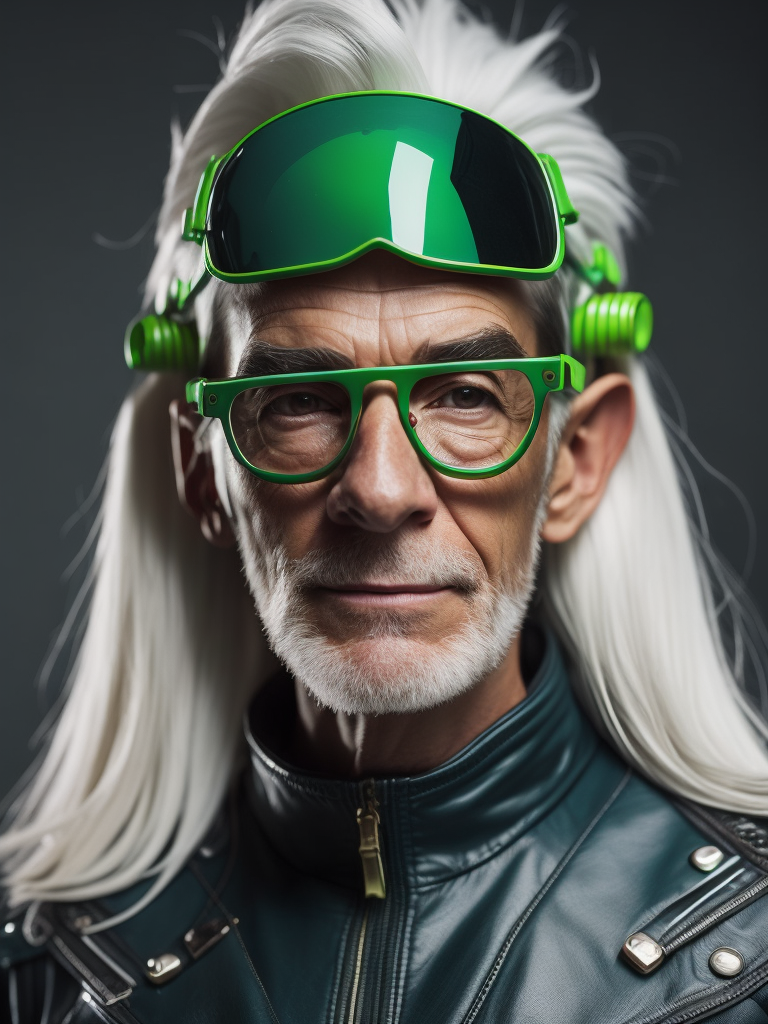 a gnome from fairytale 76 years old wearing a neon green helmet dressed in athletic clothing and glasses, in the style of futuristic glam, retro futurism, neon green clothing, glasses without color, clear glass, long white hair, teal background, mike campau, anton fadeev, high gloss, mono-ha