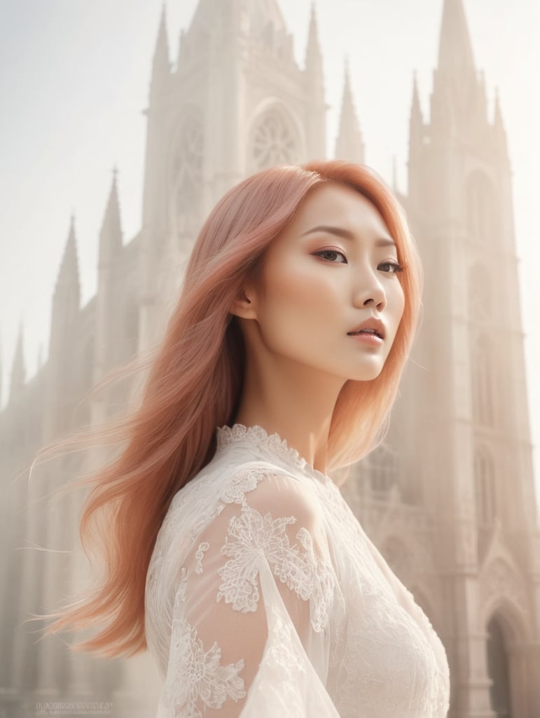 Portrait of beautiful asian fashion model with pale red hair, ethereal dreamy foggy, photoshoot by annie leibovitz, editorial fashion magazine photoshoot, fashion poses, in front of gothic cathedral architecture. kinfolk magazine. film grain. a soft smile