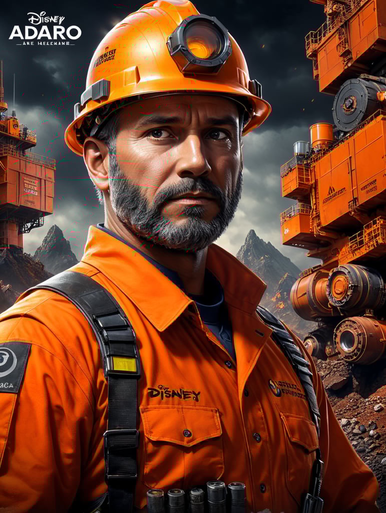 make a poster disney pixer, The contents of the poster are about a mining engineer wearing an orange safety uniform and the title of the poster is "Adaro"