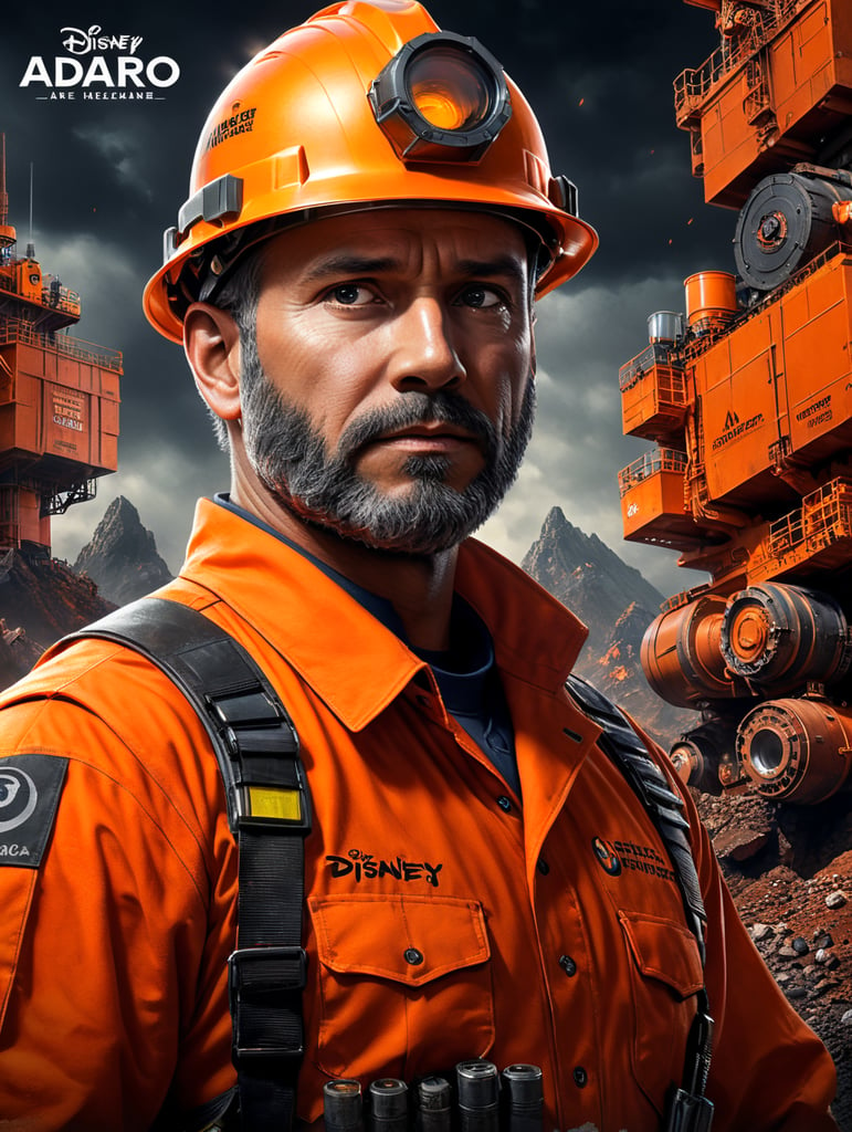 make a poster disney pixer, The contents of the poster are about a mining engineer wearing an orange safety uniform and the title of the poster is "Adaro"