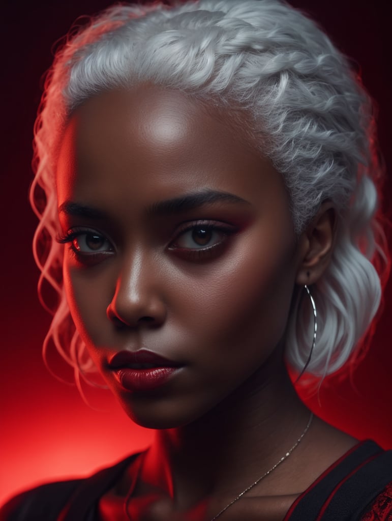 black girl on a red background, red light reflection on her face, White hair