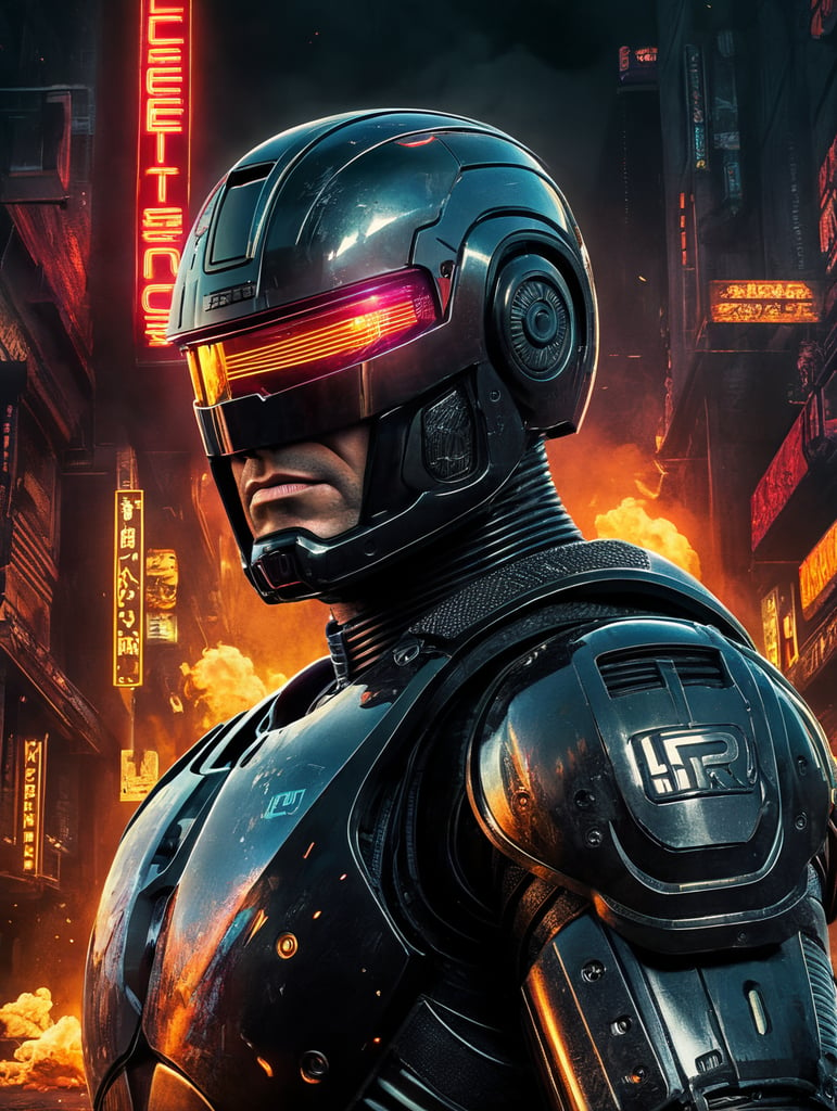 Robocop movie poster, neon style, cyberpunk, futuristic, dirt, noir, fire, energy blast, super detailed, real, deep expression