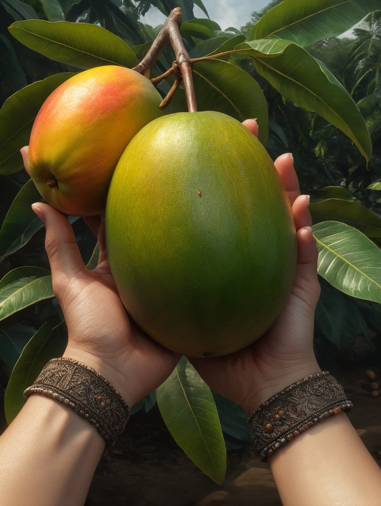 nature hand holding fresh mango mother