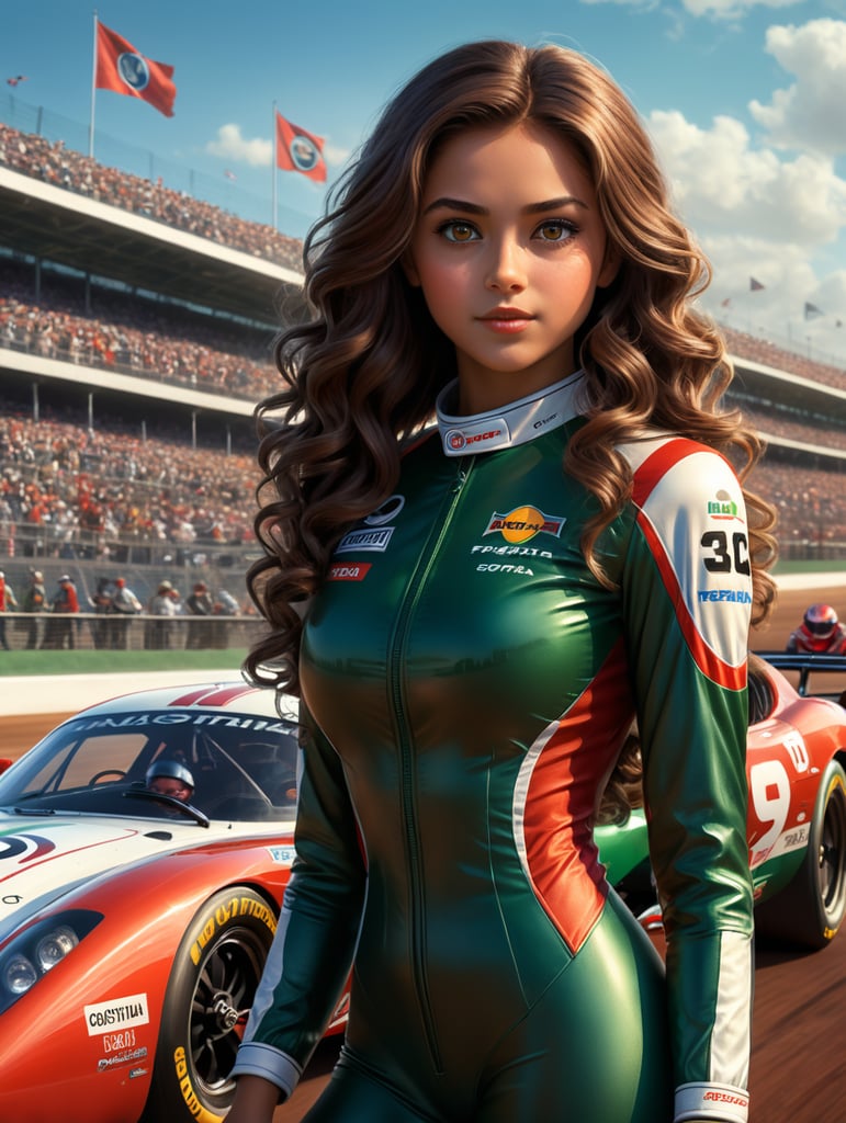 A beautiful girl in the style of Pixar, with 3D animated characters. The title is \'Sofia\' and shows a girl with long curly dark brown hair, brown eyes, dark Green White and Red Racing Suit, 1 Car Background, Speedway, F1, poster