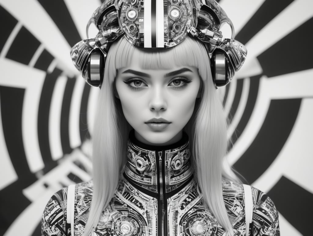 Cute girl model, retro futurist of high fashion, made in symmetrical black and white psychedelic style, black and white beauty, optical illusion, glitch art, flirty, shot on Canon