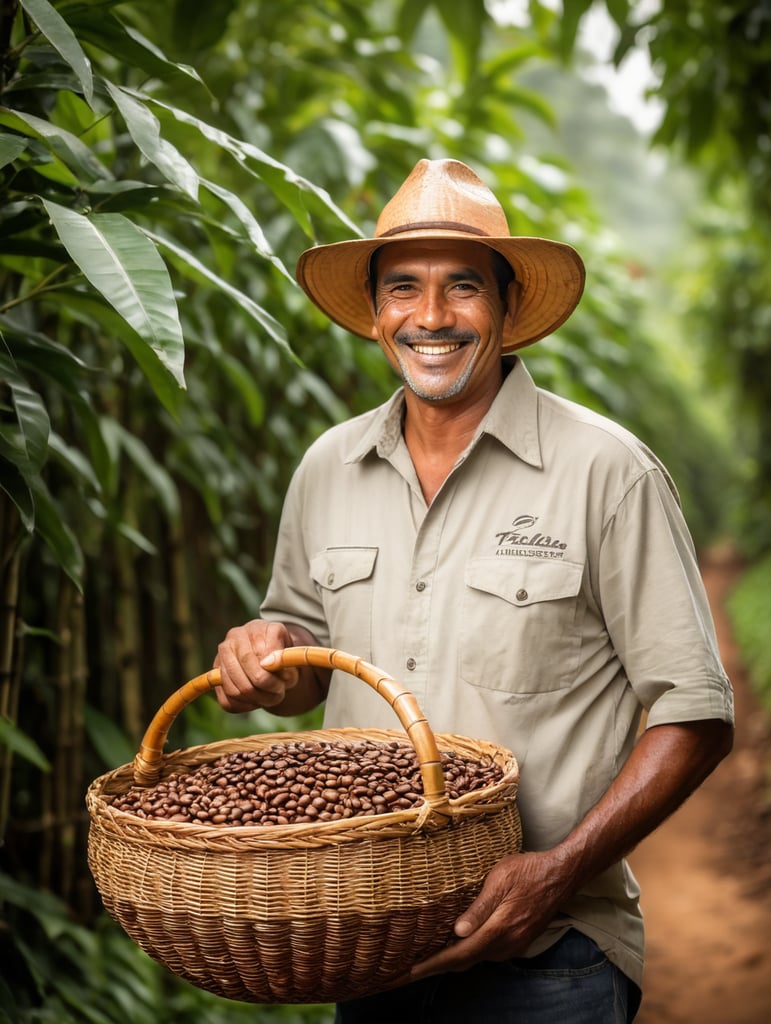 smiling brazilian coffee farmer holding coffee beans in bamboo basket, coffee lover, farm life, coffee harvesting, coffee beans, coffee plantation, fresh harvest, coffee production, handmade coffee, enjoying coffee,