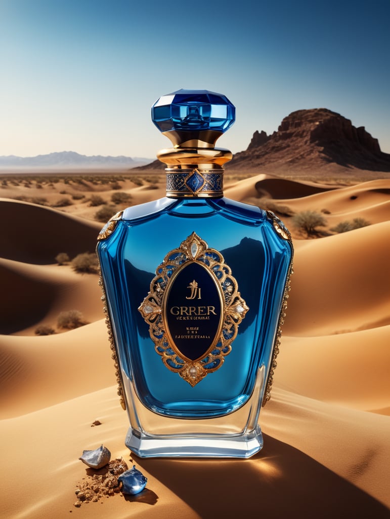 professional photography of a luxury perfume bottle in the desert, Blue satin scarf in the background, no label, clear, mockup