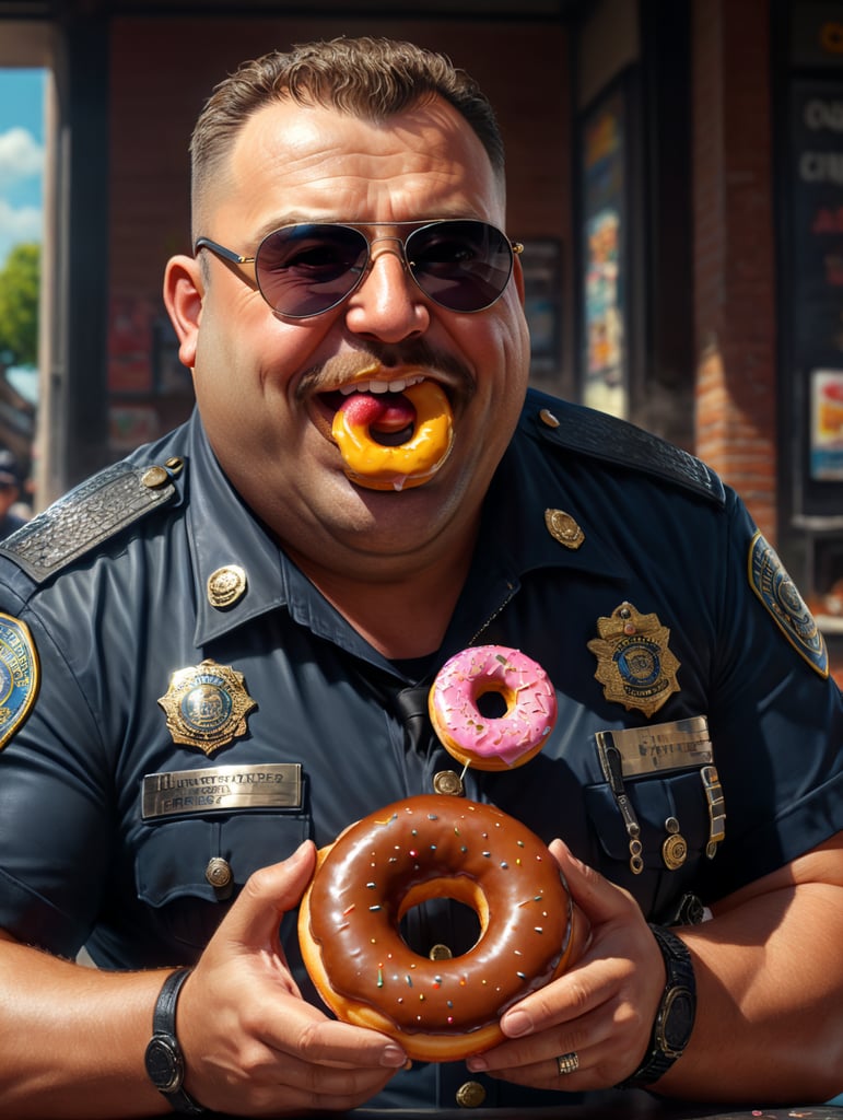 very fat cop is eating a donut, happy, sunglasses, image, portrait