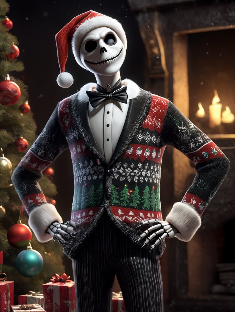 Jack Skellington standing wearing an ugly Christmas sweater