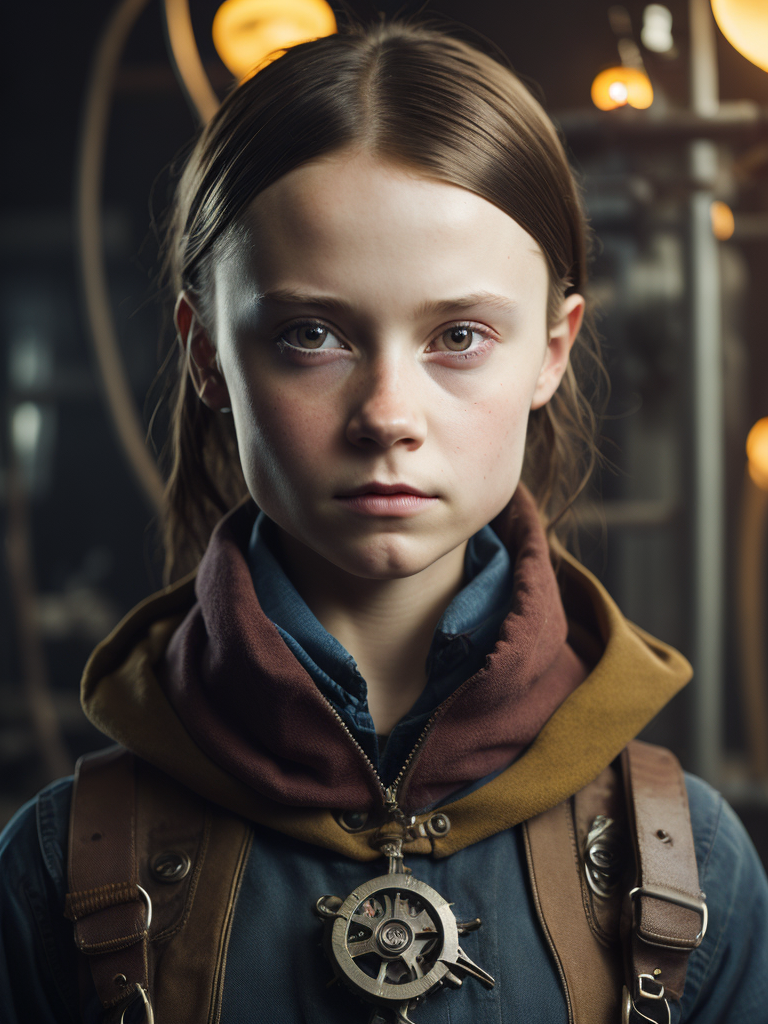 greta thunberg As oil rig worker, realistic, high detail, steampunk styled