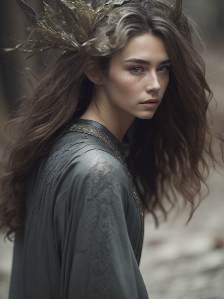 An elf in LOTR movie style, androgene face, long straight silver hair,gray and silver clothes with elvish motifs, swiping a sward, whole figure, in an old forest