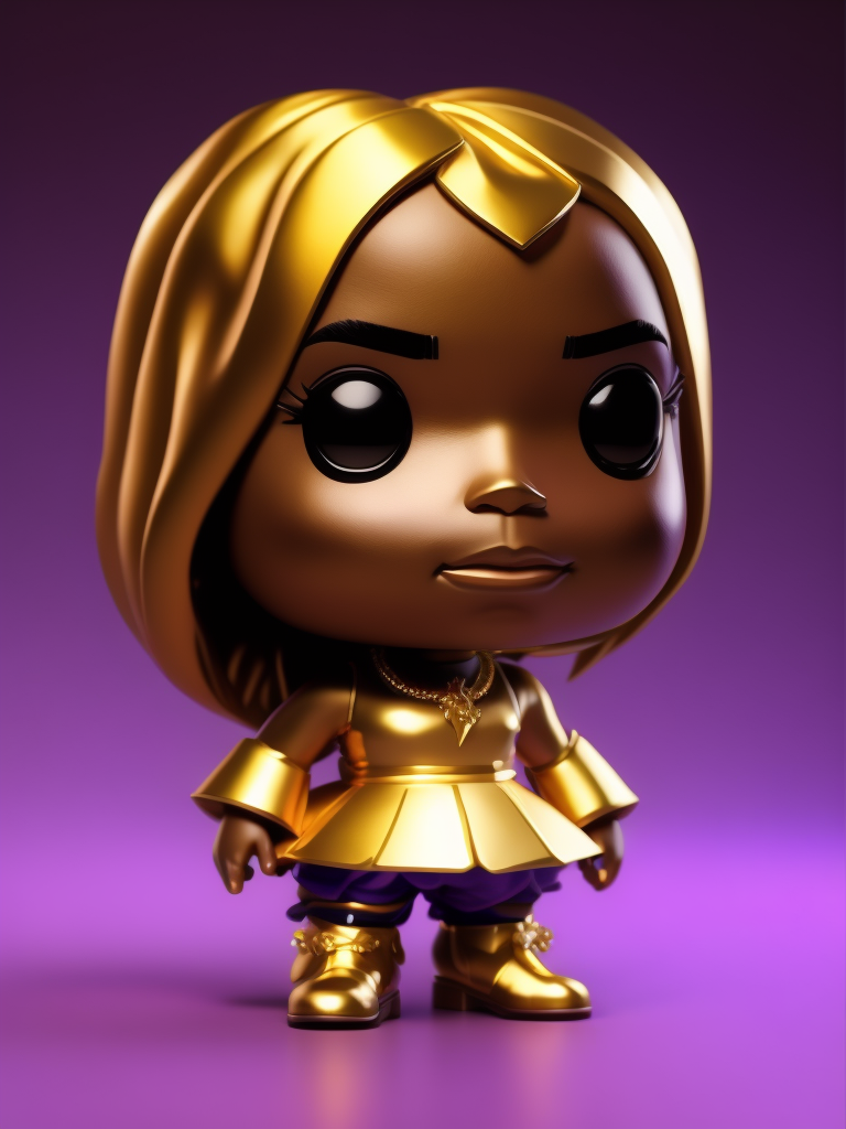 Full body Plastic figurine of of beyoncé with gold hair, gold dress, gold boots, 3d octane render, funko pop, violet background, vibrant colors