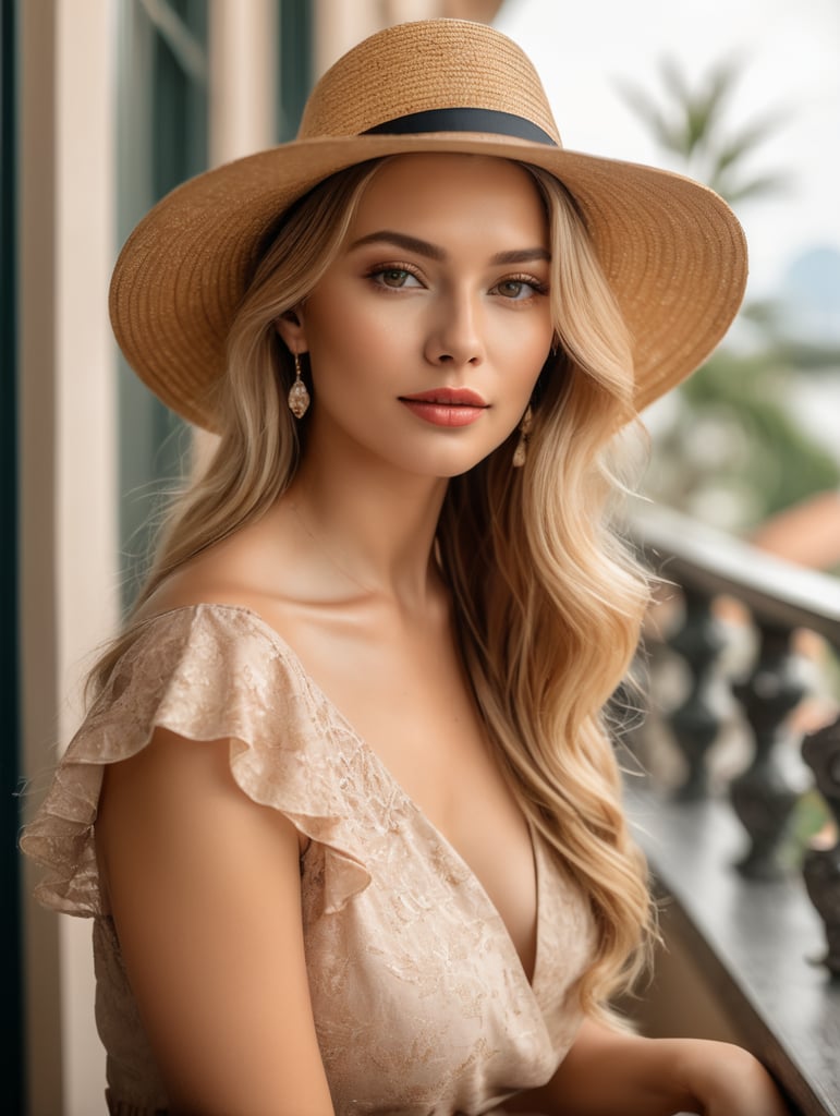 look at camera portrait of elegant woman with long blond hairstyle, sitting on the balcony, in a light summer dress in a straw hat, in the style of movie still, y2k aesthetic, light bronze and dark amber, romantic charm, blink-and-you-miss-it detail, elegantly formal