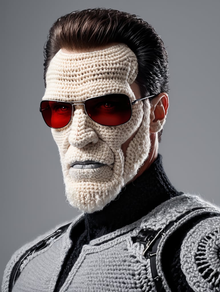 a terminator t-800 wearing very hirsute crocheted sweaters for sheeple, portrait