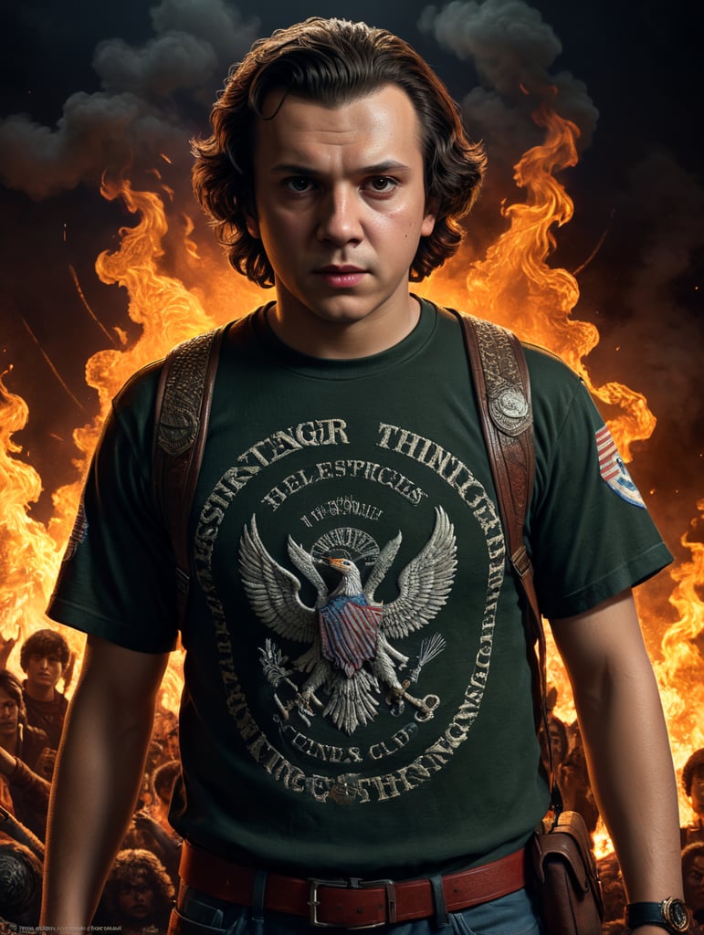 Peso Pluma looks like mike wheeler from stranger things, Hellfire Club t-shirt