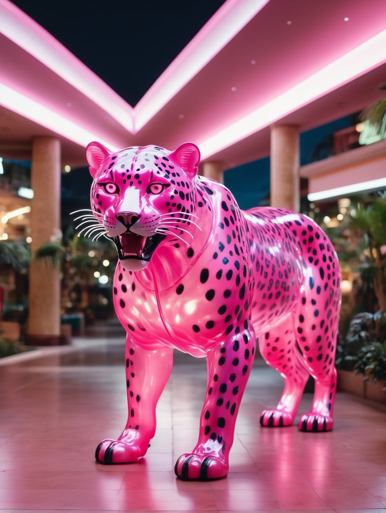 extra wide shot realistic translucent irridecent pink jaguar spirit animal in 90s mall at night